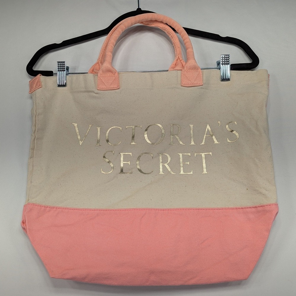 Victoria's Secret Canvas Tote Bag Pink Bottom Gold Logo Top Handle Shoulder